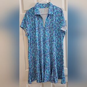 Beach Time XL Dress Blue Geometric print short sleeve ruffle hem colorful beachy